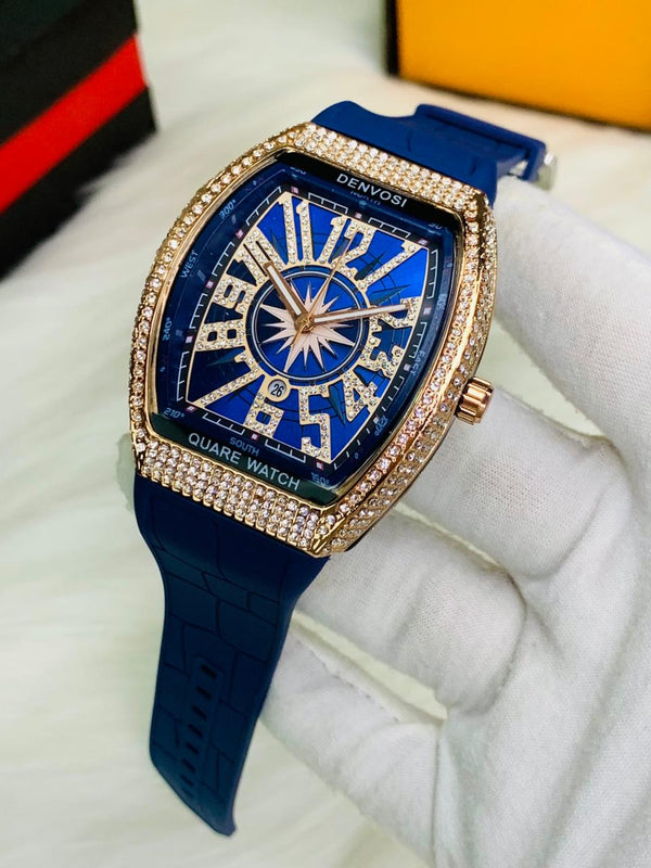 Denvosi Franck Muller Vanguard Style Iced Out Compass Watch – Multi-Color Rubber Strap