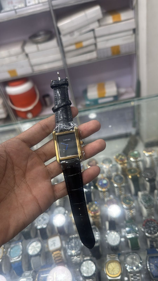 Cartier Tank Style Watch – Gold Case | Black Leather Strap | Blue Hands