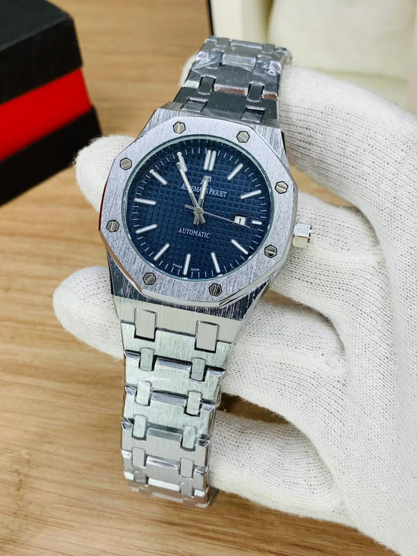 Audemars Piguet Royal Oak Style Watch – Black & Blue Dial | Brushed Steel Bracelet
