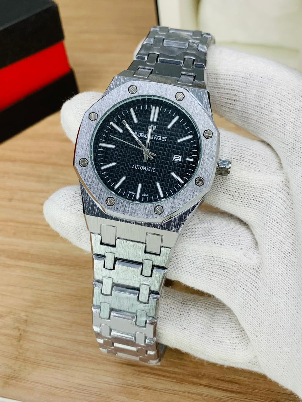 Audemars Piguet Royal Oak Style Watch – Black & Blue Dial | Brushed Steel Bracelet