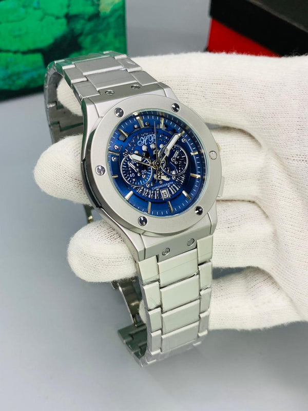 Hublot Big Bang Skeleton Chronograph Watch – Black, White, Blue, Rose Gold Dial | Steel Bracelet
